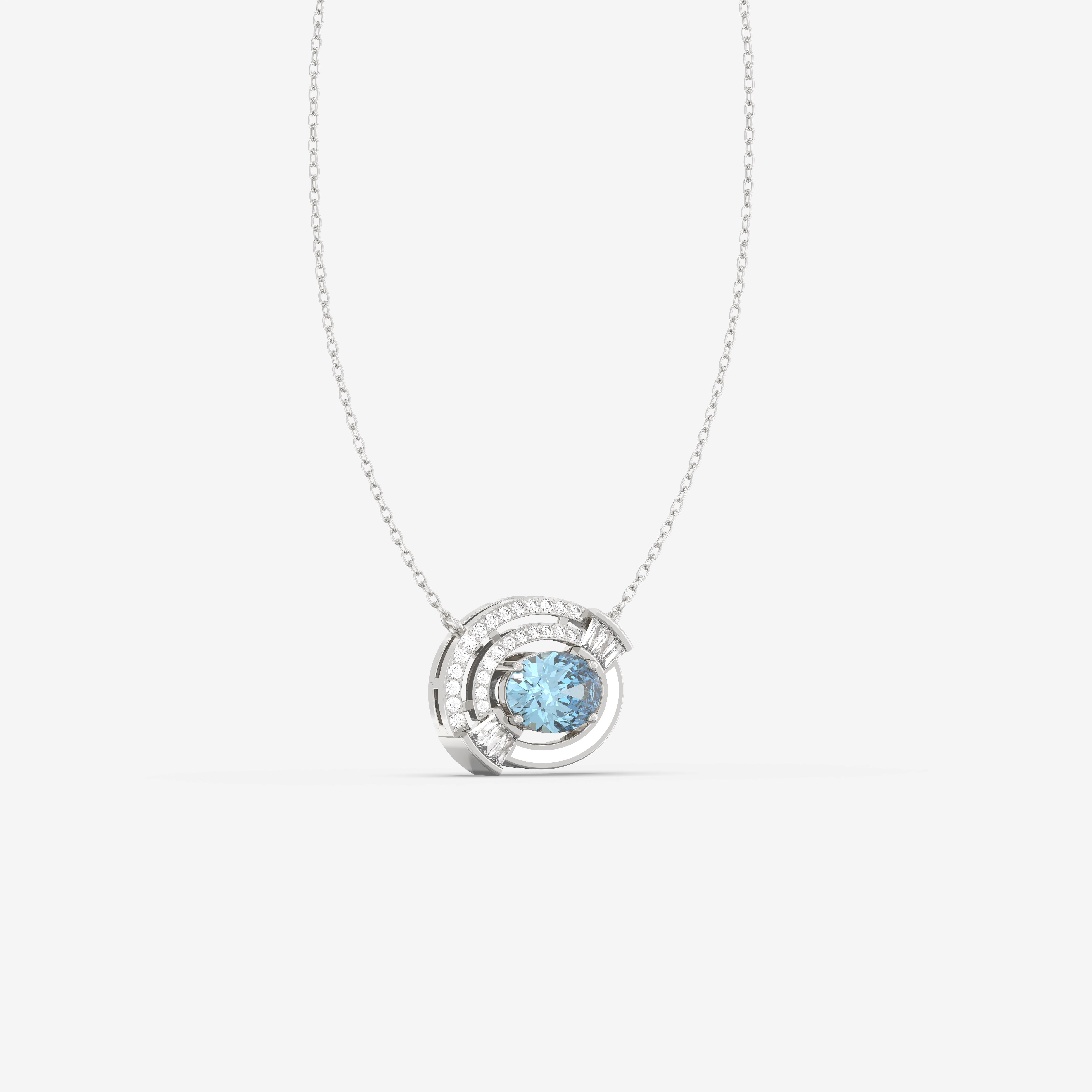 I Am Oval-Cut Aquamarine Pendant with Round and Baguette Diamonds and White Enamel