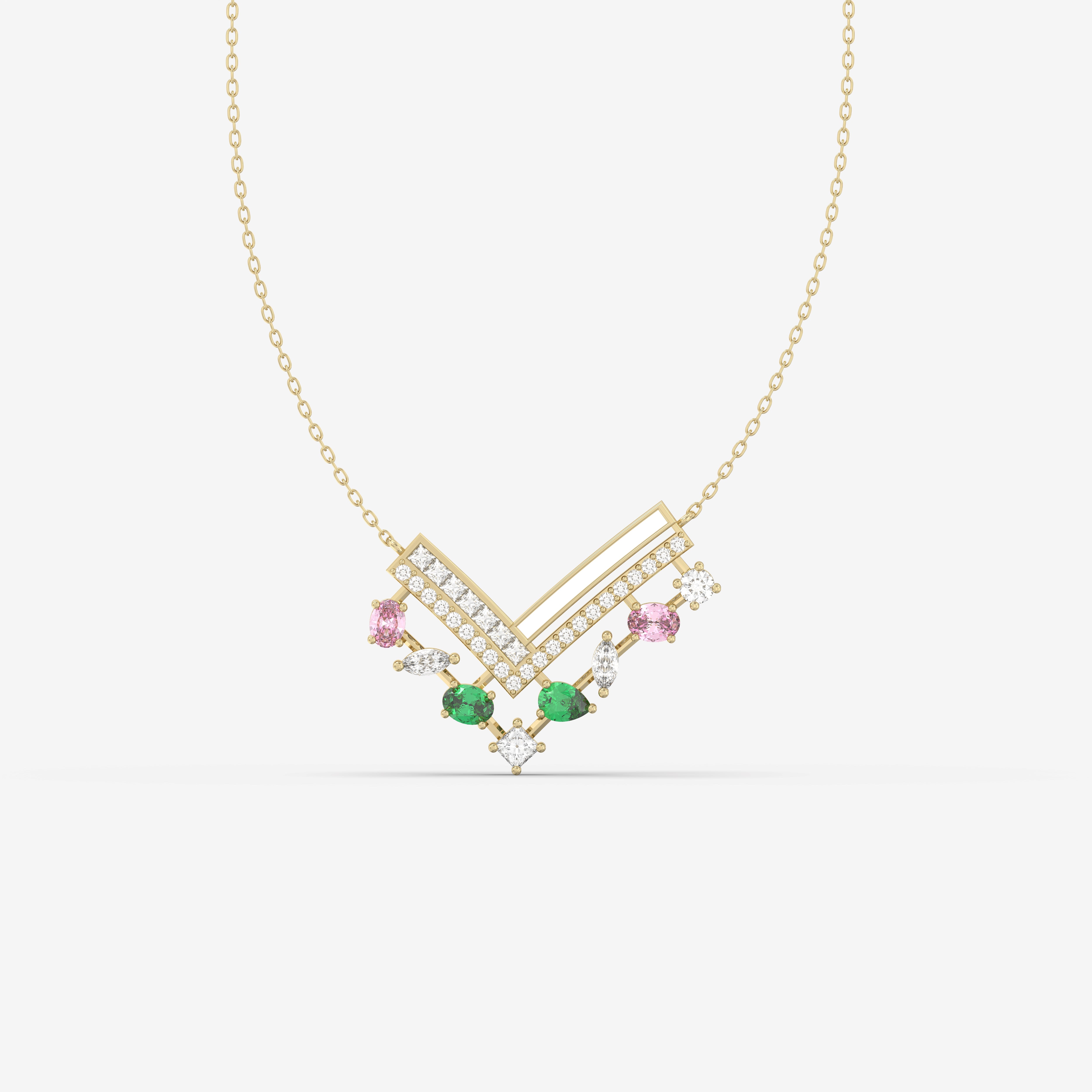 Romantic Hues Diamonds, Emeralds & Pink Sapphires Pendant with White Enamel