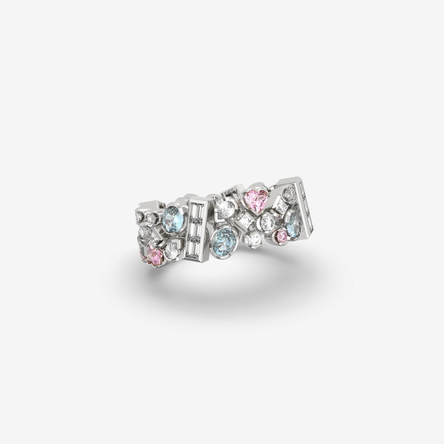 Diamond, Pink Sapphire & Aquamarine Ring
