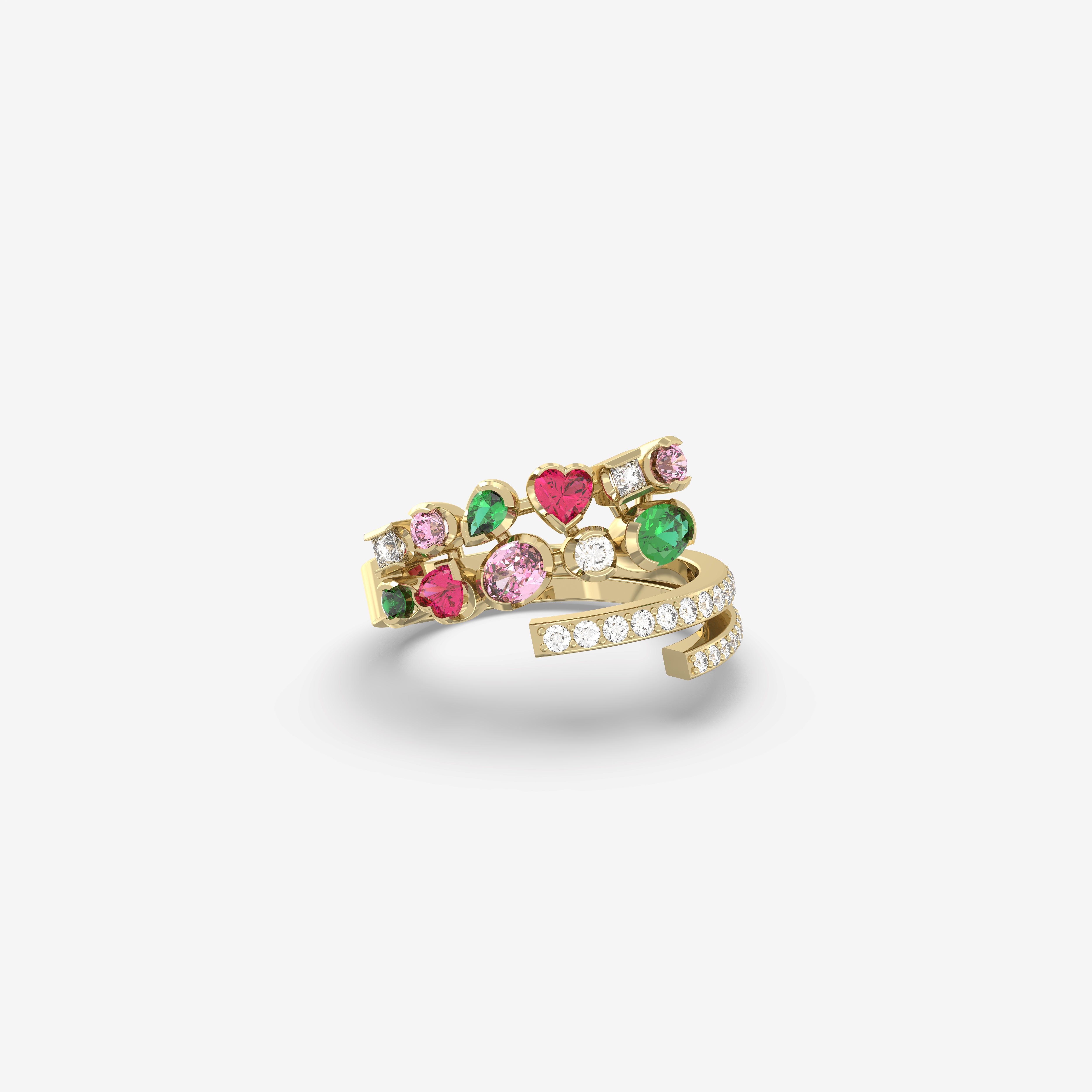 Romantic Hues Ring with Diamonds, Emeralds, Rubies and Pink Sapphire