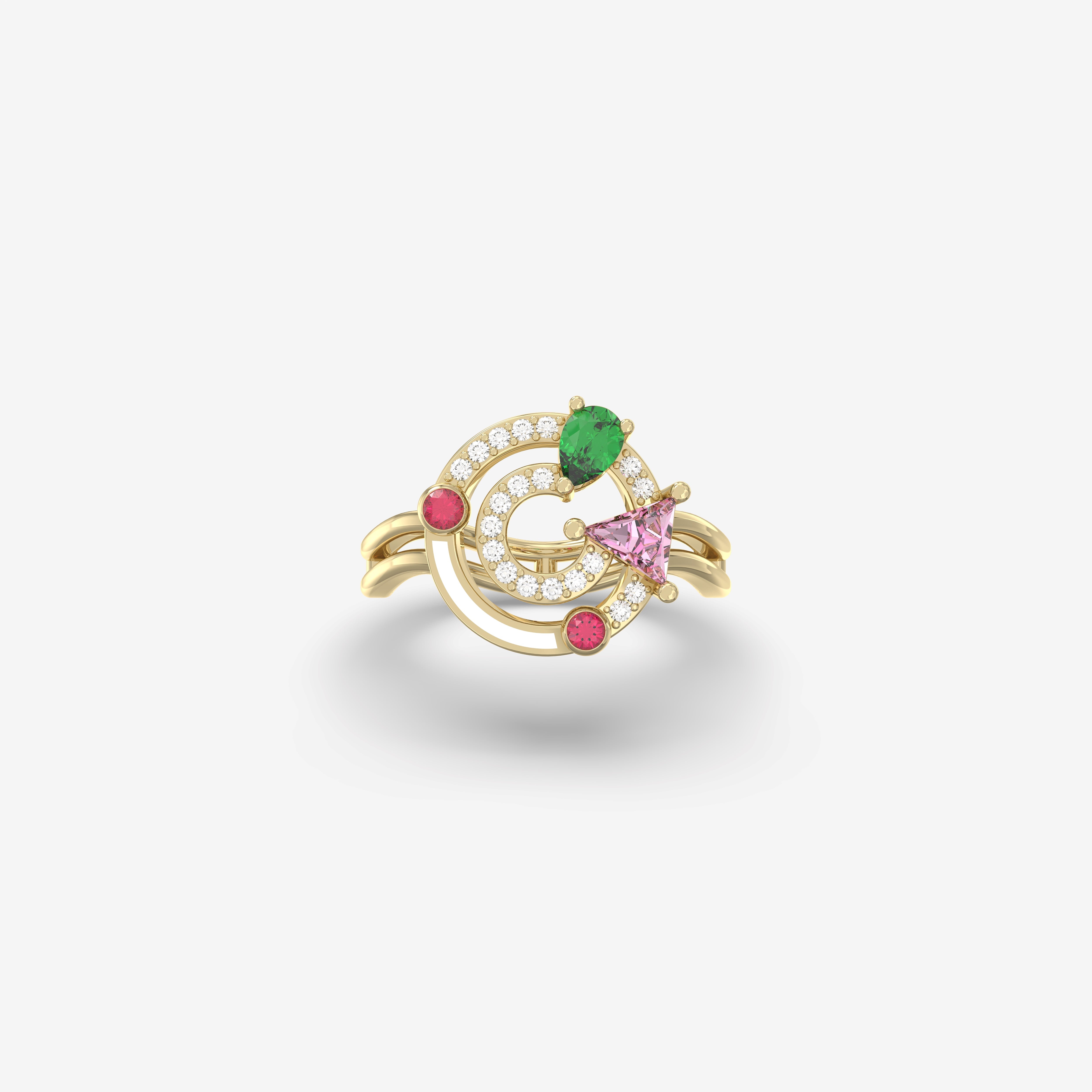 Romantic Hues Ring with Diamonds, Rubies and Pink Sapphire