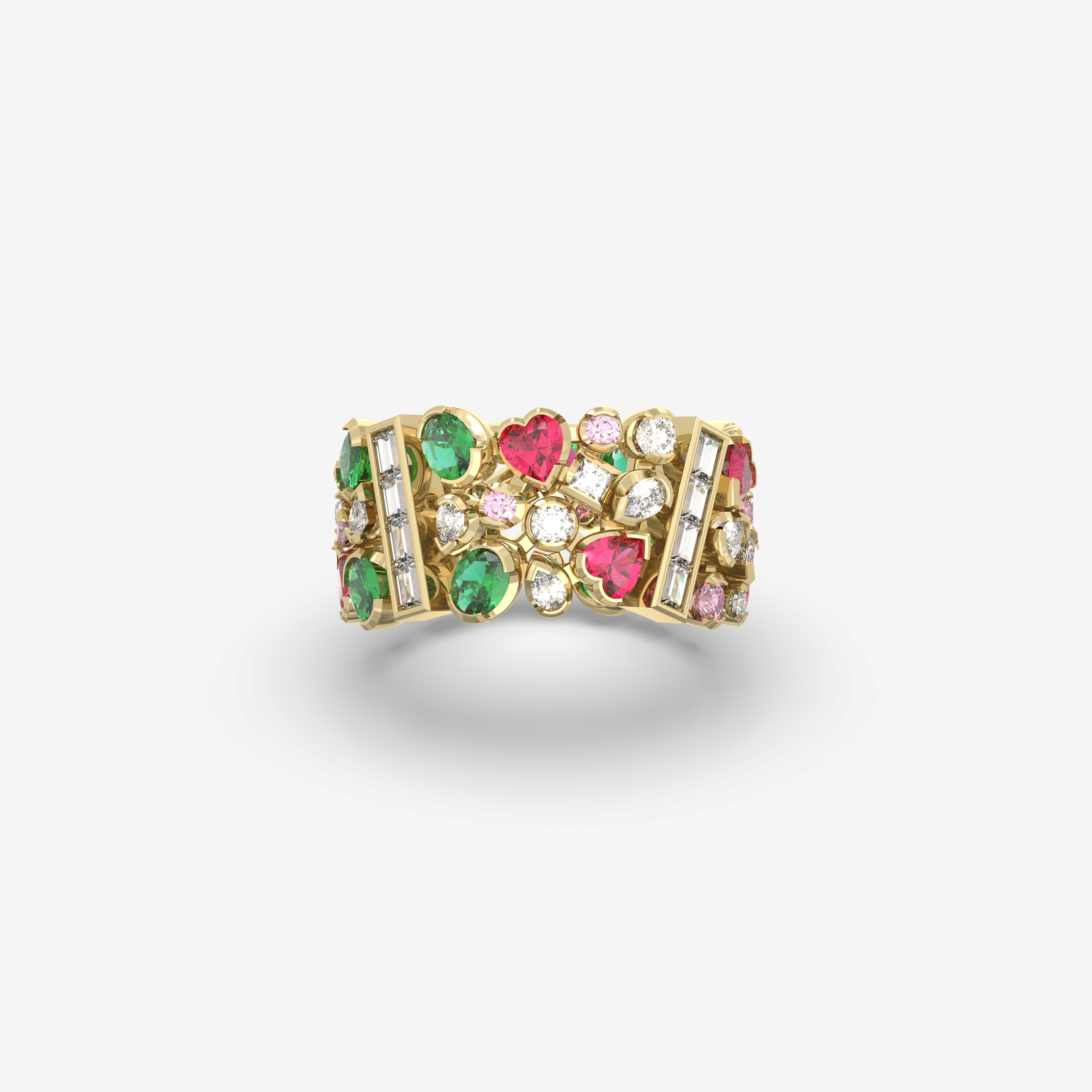 Romantic Hues Ring with Diamonds, Rubies, Emeralds and Pink Sapphires