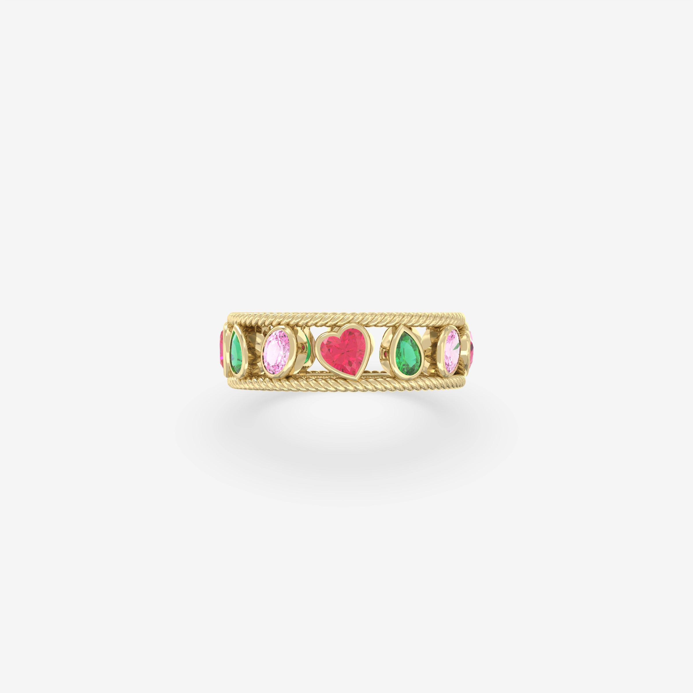 Endless Twist Ring with Rubies, Emeralds and Pink Sapphires