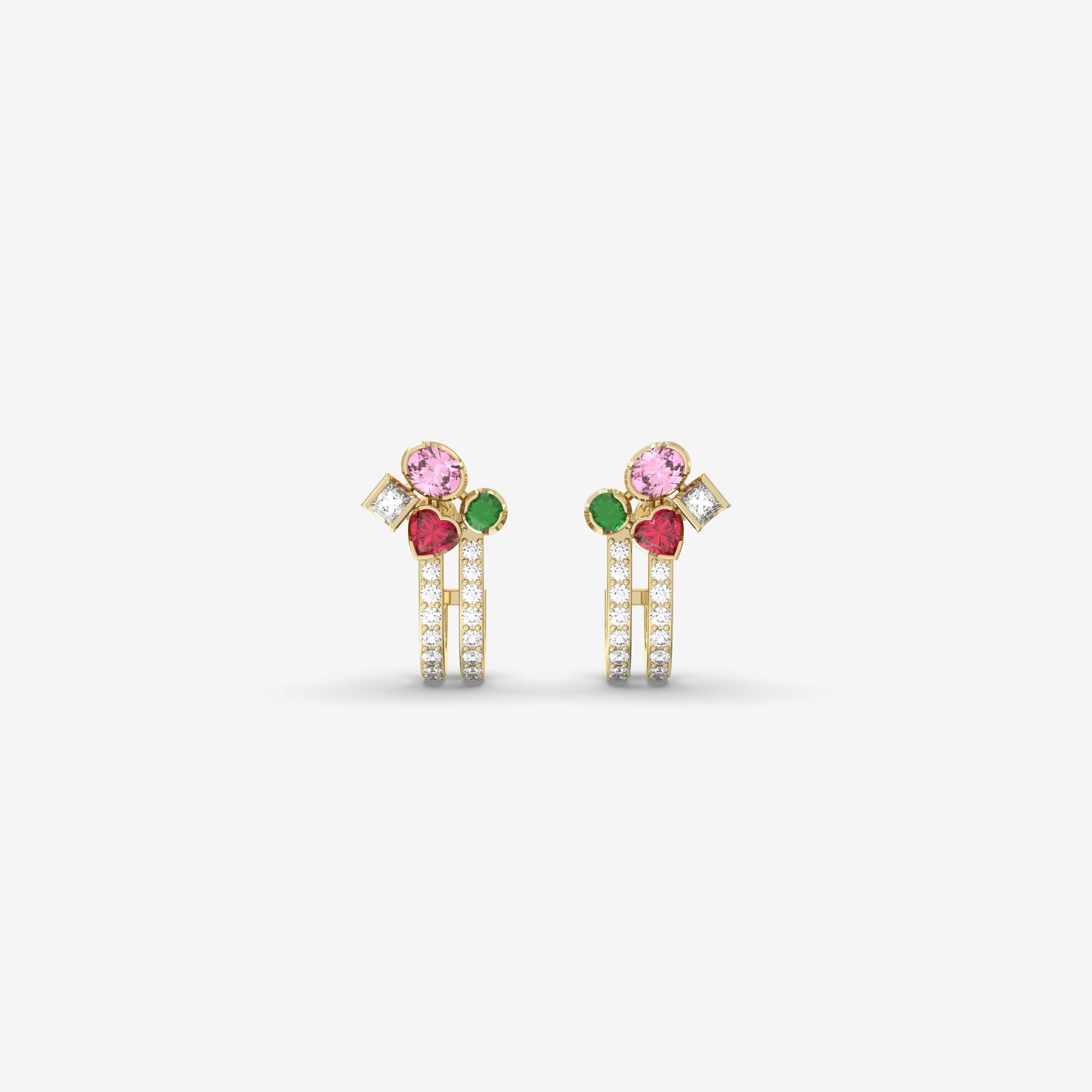Diamond, Ruby, Emerald & Pink Sapphire Earring