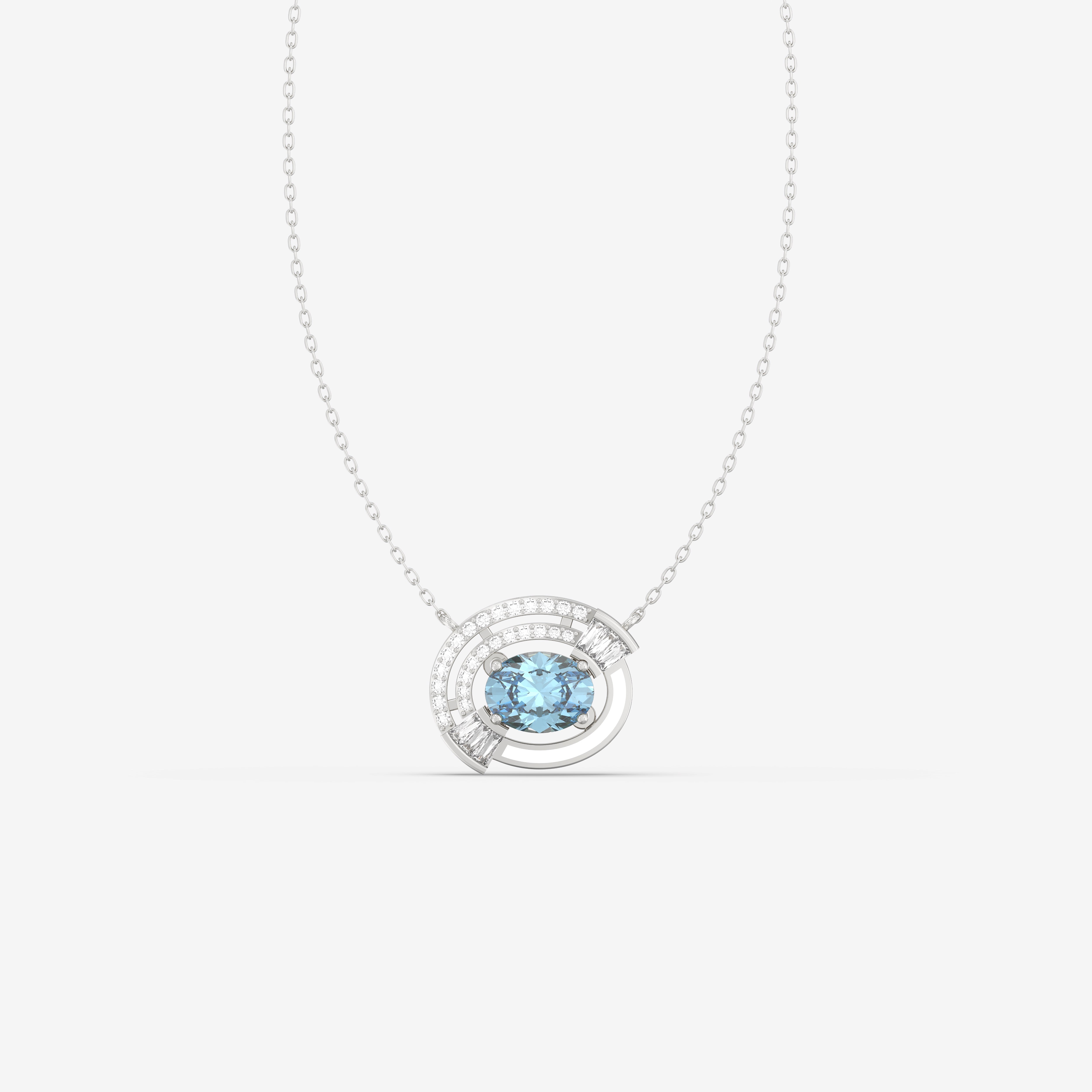 I Am Oval-Cut Aquamarine Pendant with Round and Baguette Diamonds and White Enamel