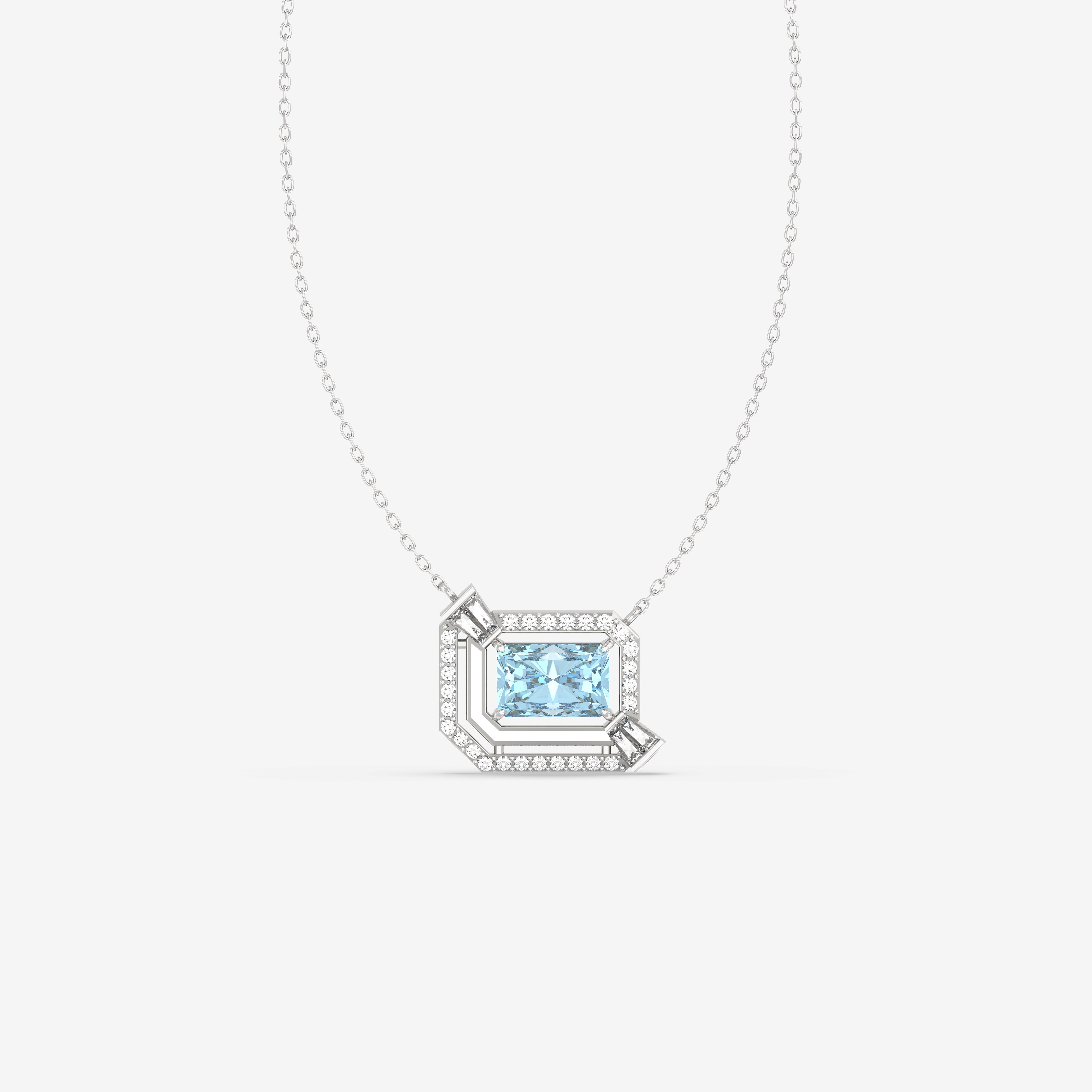 I Am Aquamarine Pendant with Round and Baguette Diamonds and White Enamel