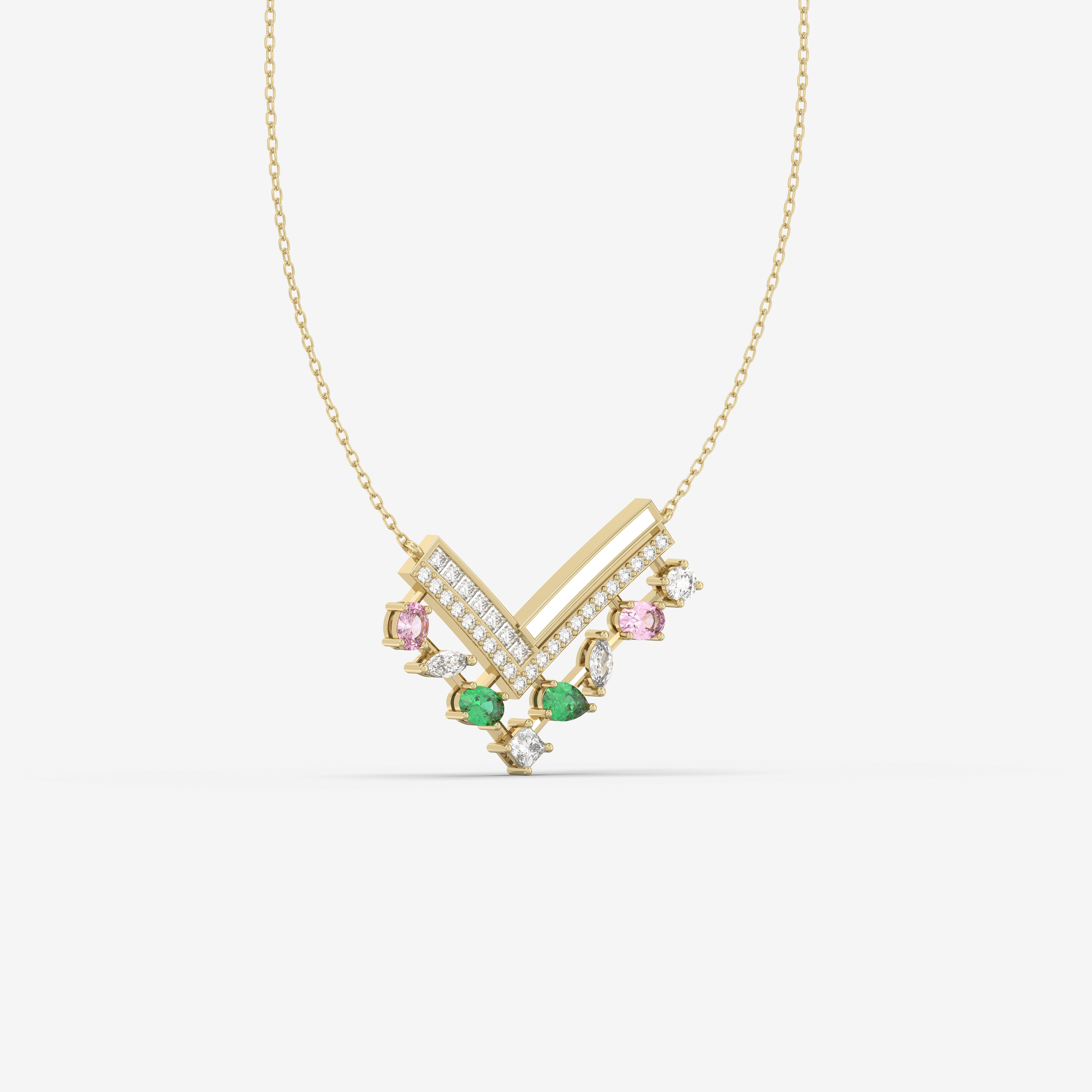 Romantic Hues Diamonds, Emeralds & Pink Sapphires Pendant with White Enamel