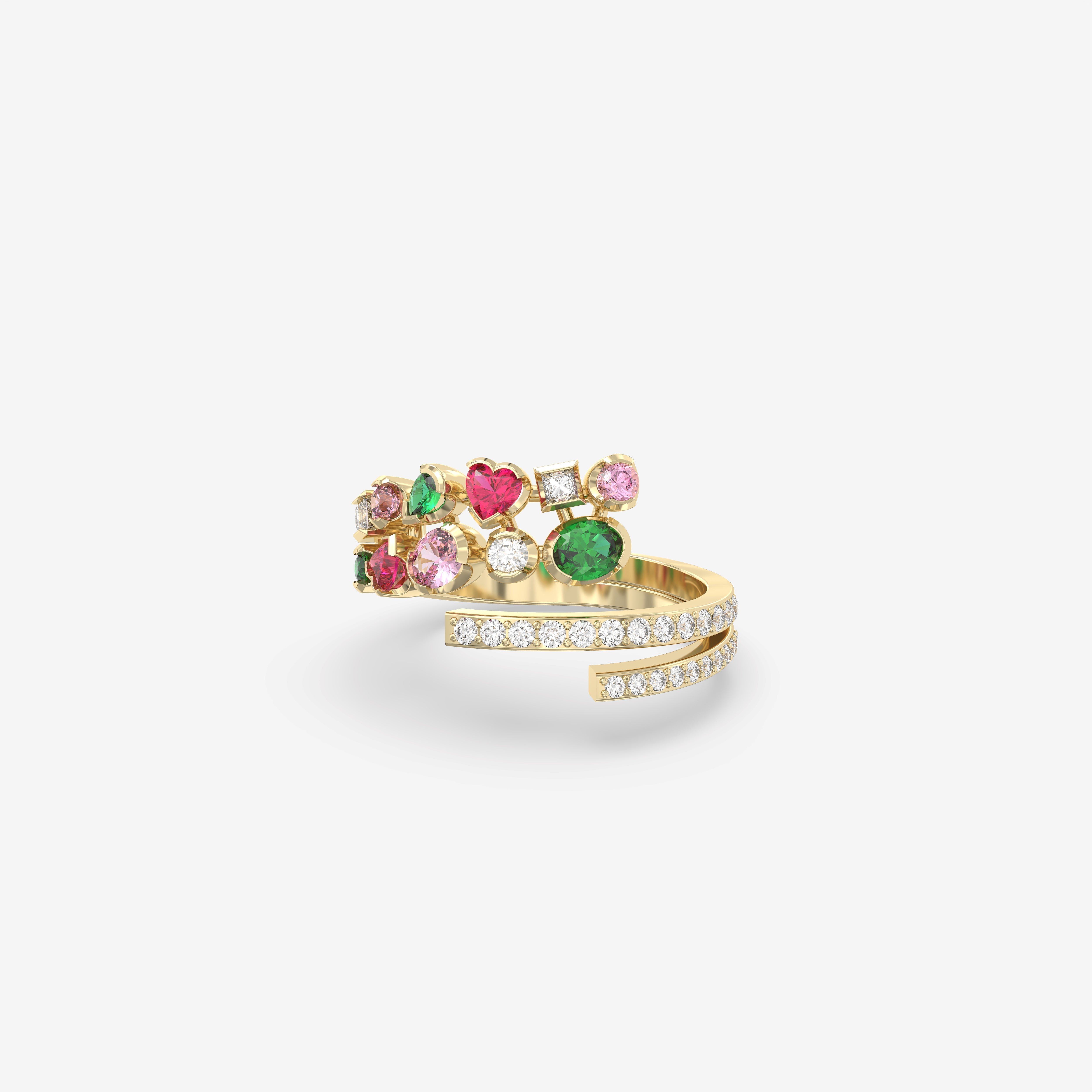 Romantic Hues Ring with Diamonds, Emeralds, Rubies and Pink Sapphire