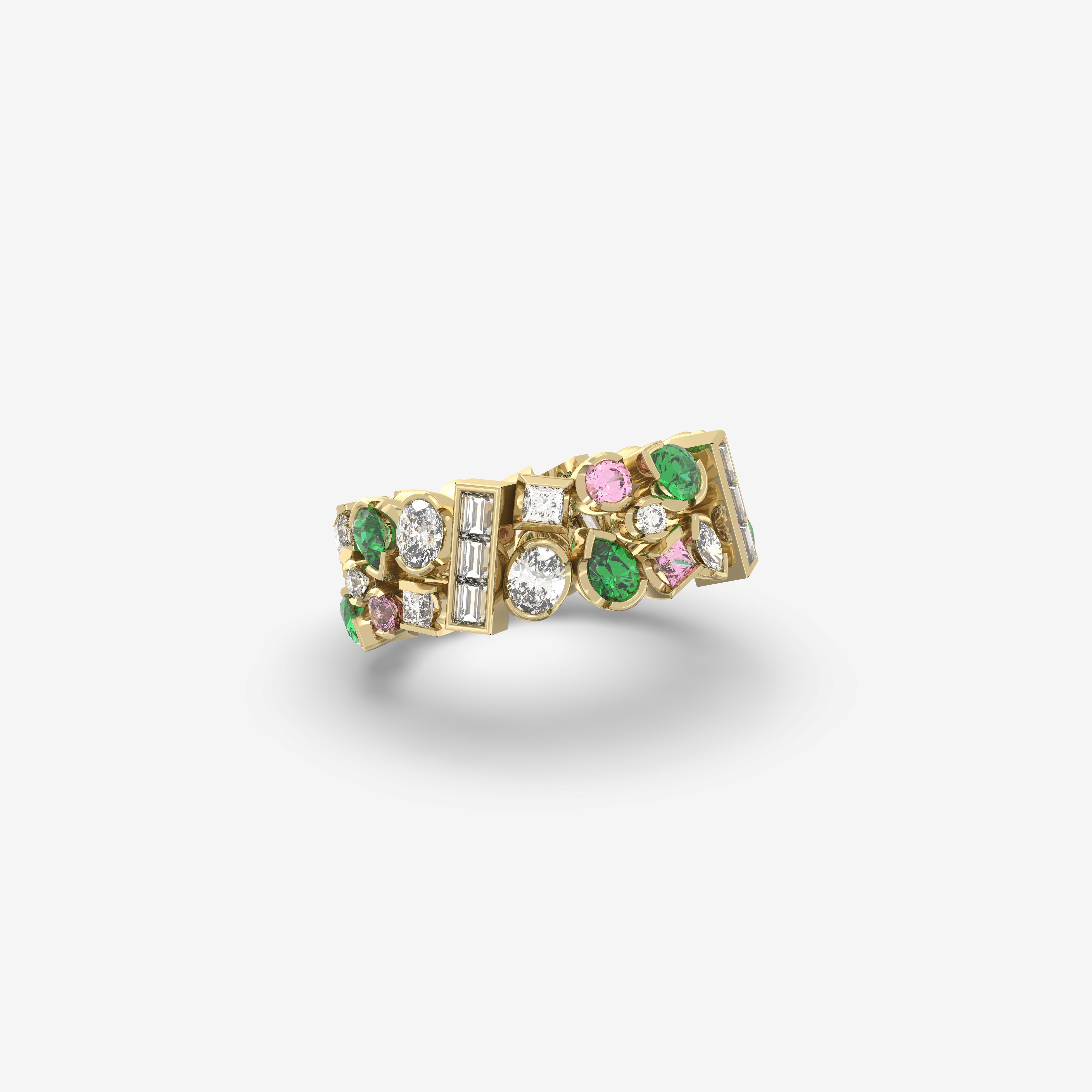 Romantic Hues Ring with Diamonds, Emeralds and Pink Sapphires
