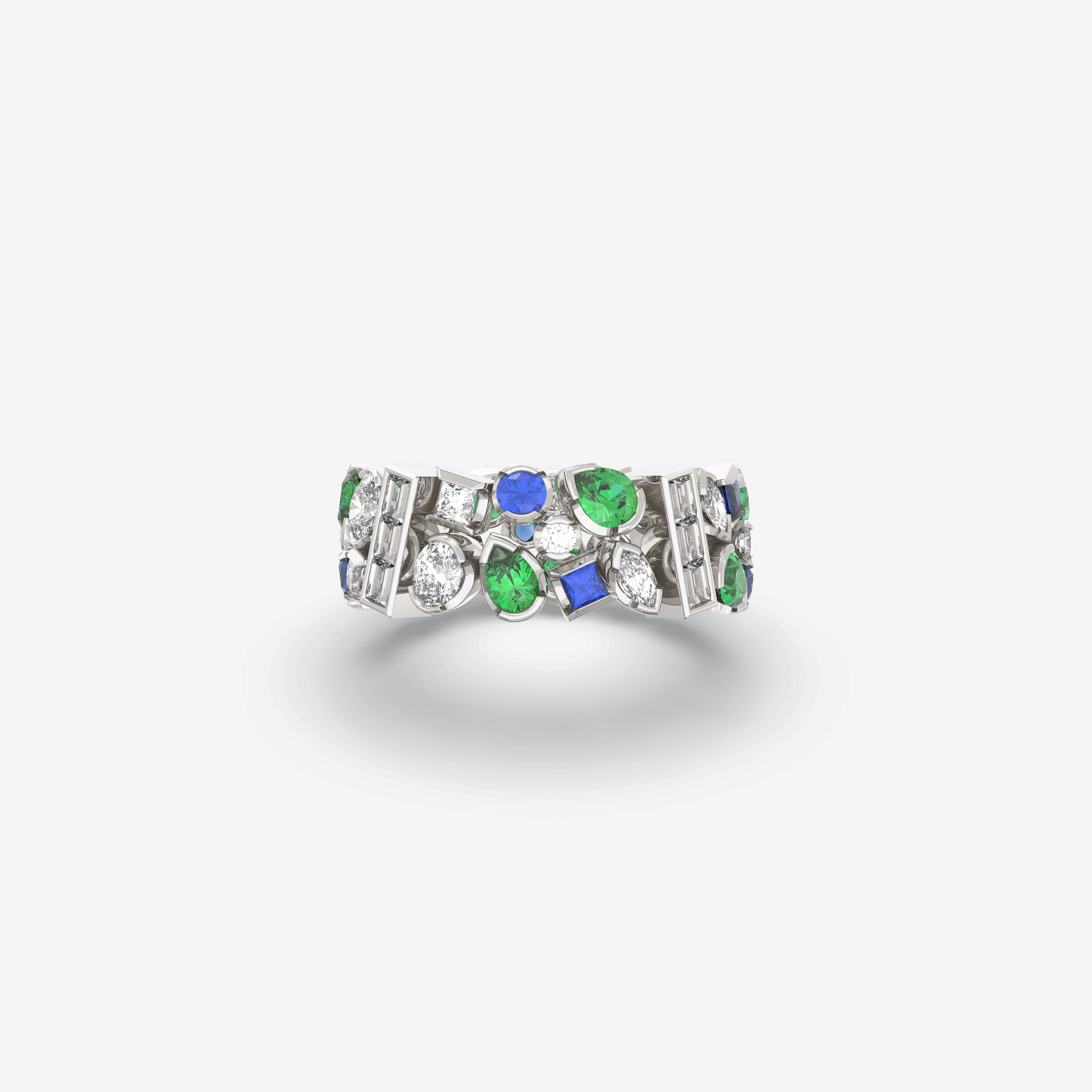 Romantic Hues Ring with Diamonds, Emeralds and Blue Sapphires