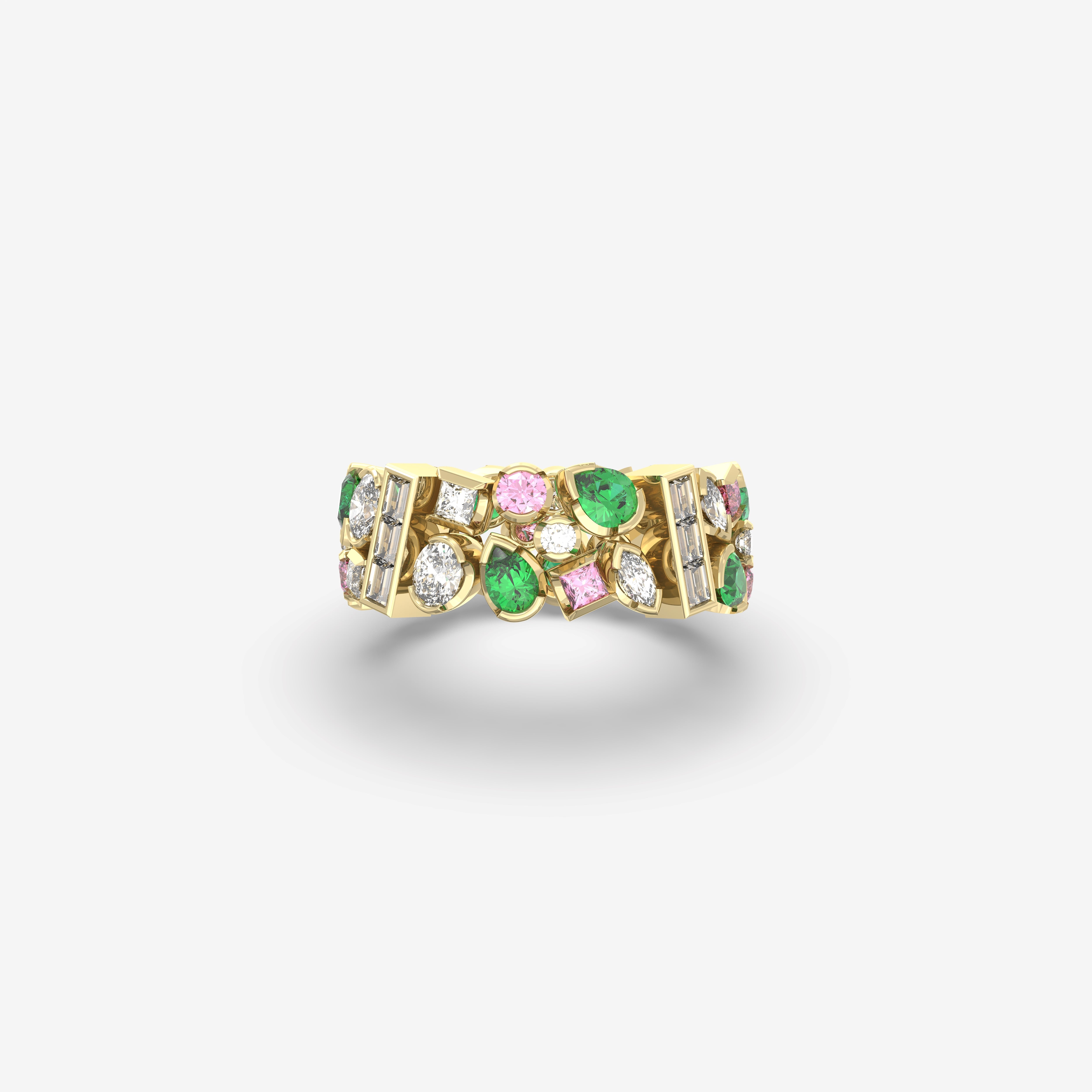 Romantic Hues Ring with Diamonds, Emeralds and Pink Sapphires